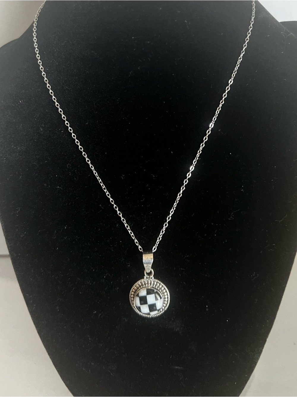 Silver Set Onyx & WhiteTurquoise Checkerboard Pendant Stainless Steel Necklace